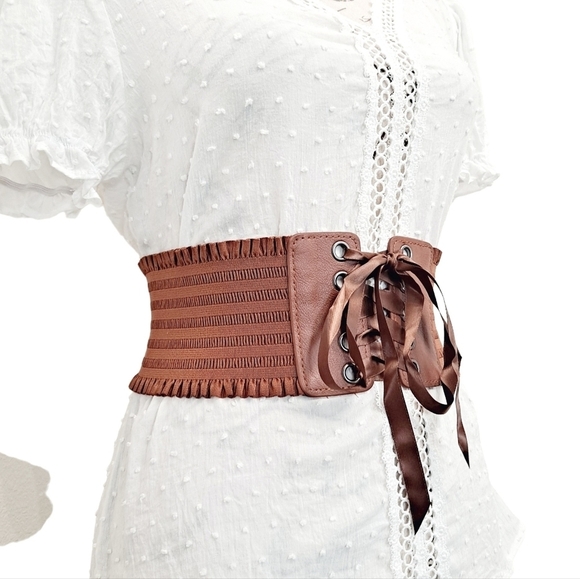 Corset Boho Wide Brown Belt lace up elastic stretch waist ruffle Statement S/M - Picture 7 of 11